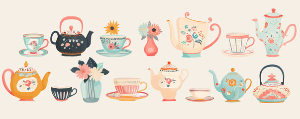 Detailed illustration of a vintage tea party with ornate teapots, cups, and saucers, flat, vector illustration, vintage hand drawn.