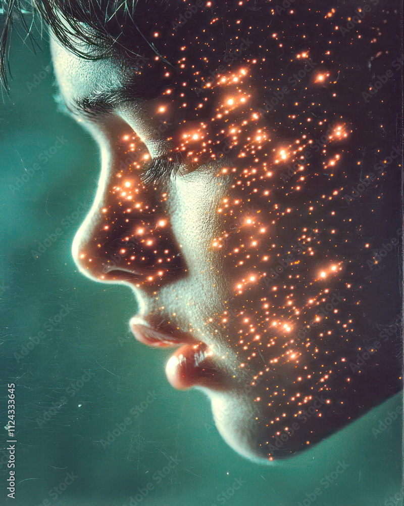Poster captivating portrait of a young person illuminated by cosmic light studio setting close-up