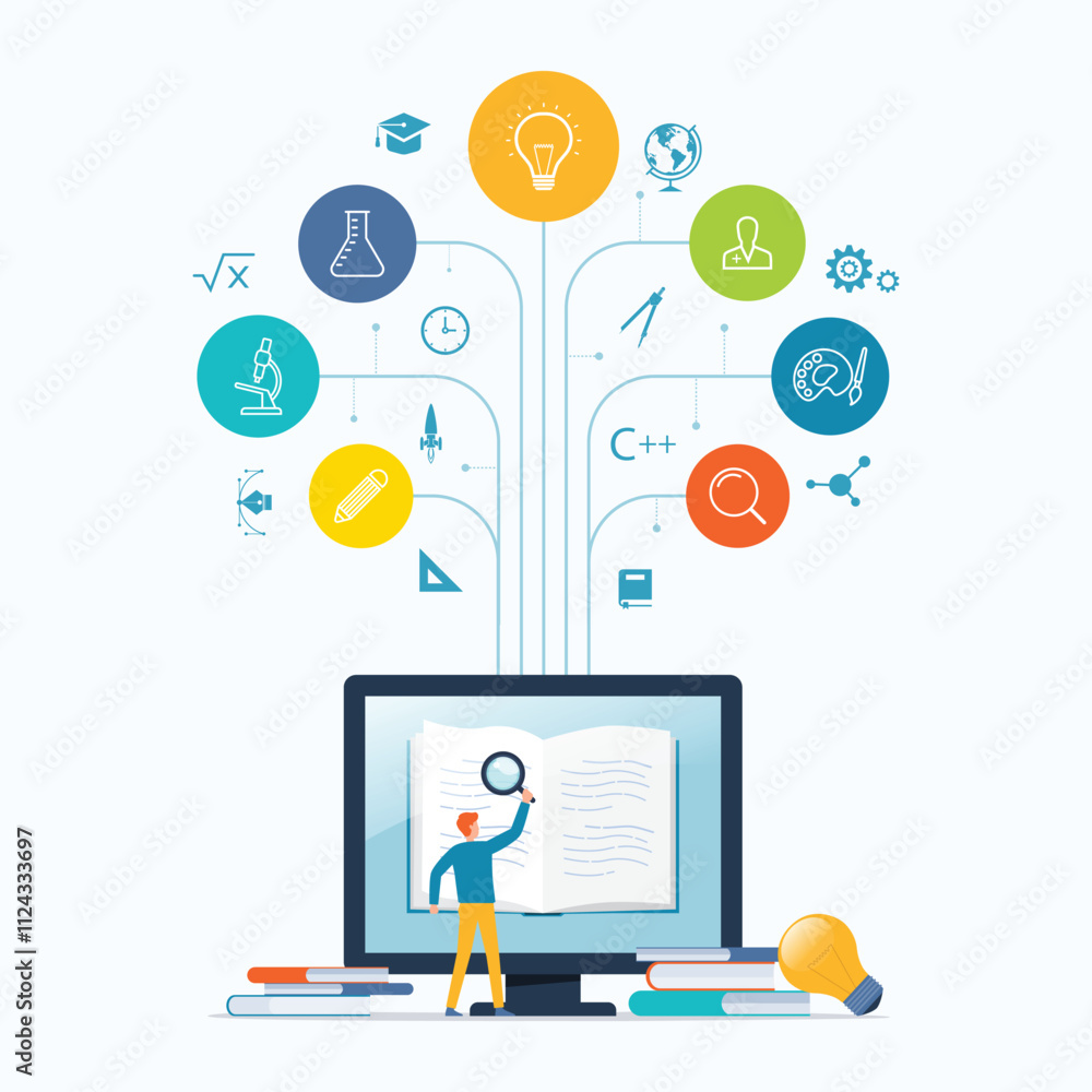 Poster flat vector illustration design technology online learning. education. study. student research and read books on the computer screen with abstract tree icons such as science and mathematical art. 
