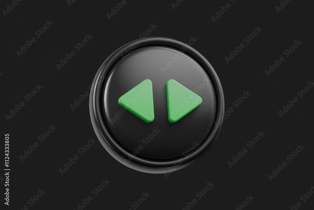 Poster 3D render of a black circular button with two green triangular arrows indicating backward and forward.