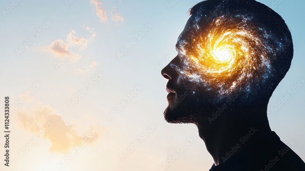 Poster the double exposure of exploring cosmic consciousnessman contemplating universe in serene sunset env