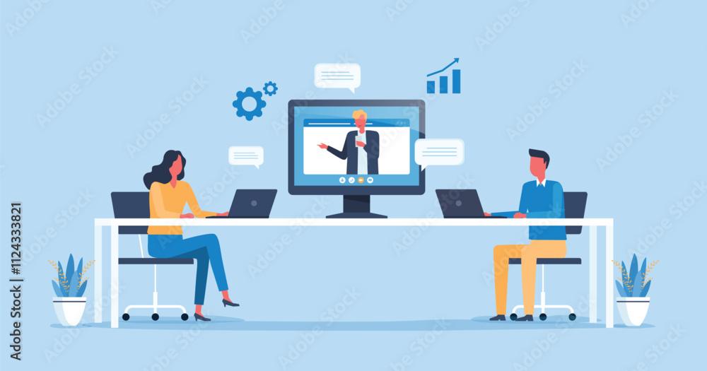 Poster flat illustration business smart working with online video conference meetings.and business team wor
