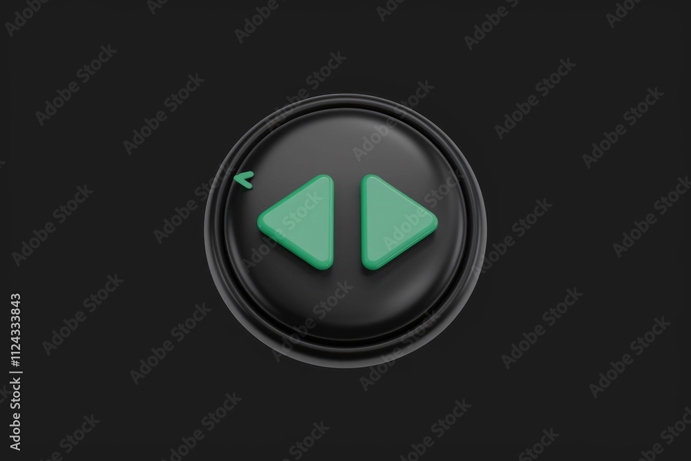 Poster A 3D rendering of a black circular button with two green triangular arrow icons indicating rewind and fast forward.
