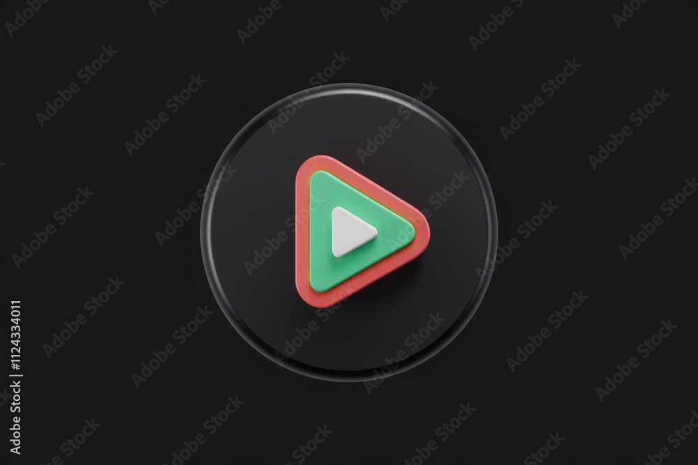 Poster A 3D layered play button icon on a transparent background, symbolizing media playback.