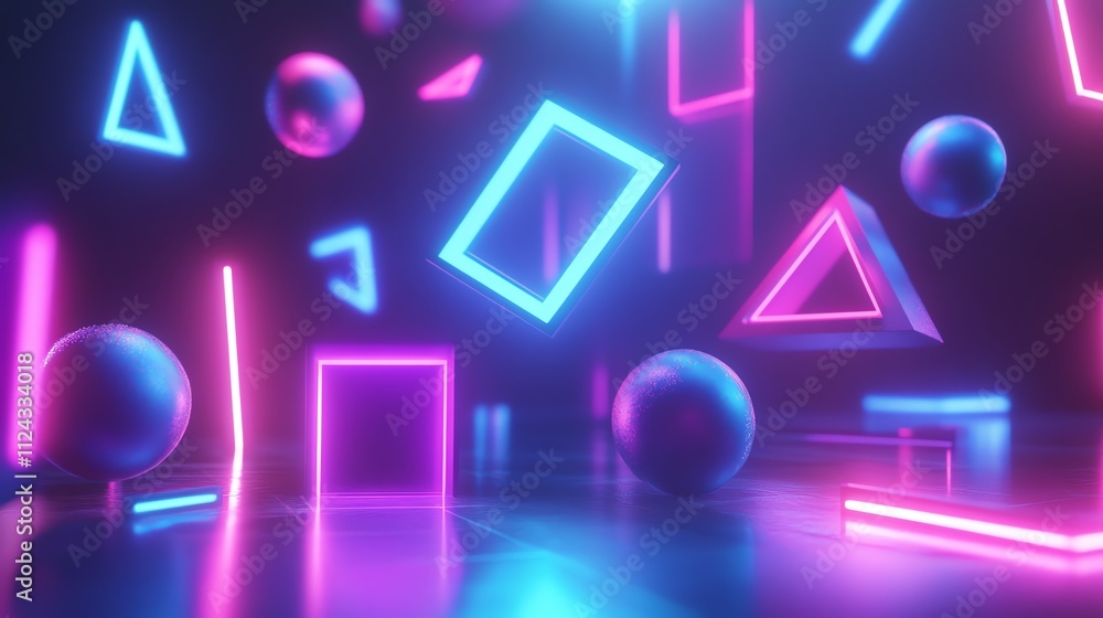 Poster a 3d rendering of geometric shapes in a neon-lit room.