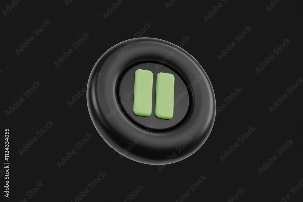 Poster 3D render of a black circular button with a light green pause symbol.