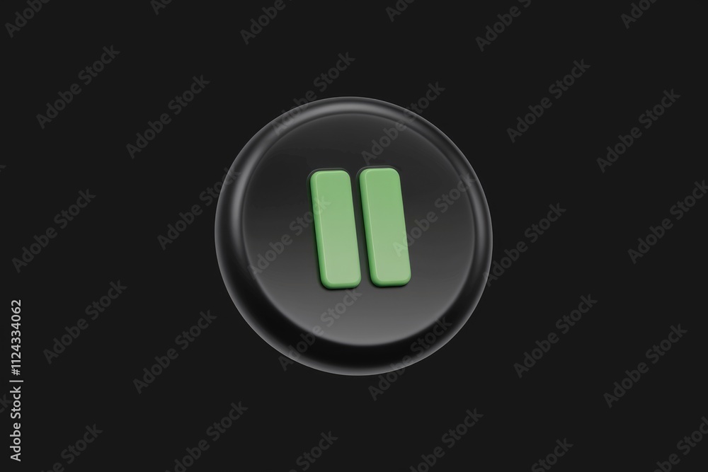 Poster A 3D render of a black circular button with two light green pause symbol.