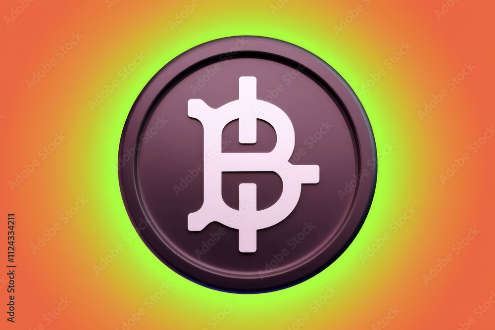 Poster a 3d rendering of a bitcoin symbol on a dark brown coin against a vibrant orange and yellow gradient
