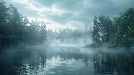 Fototapeta premium A tranquil river bending through a misty forest.