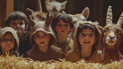 Young children acting as animals in a nativity play, bringing a joyful mood to the performance.