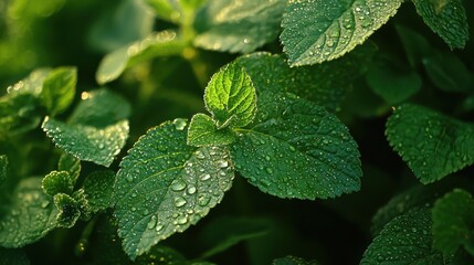 Fresh green mint leaves glistening with water droplets in the morning sun, symbolizing vitality and natural beauty.
