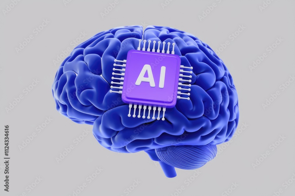 Poster ai chip integrated into a human brain, symbolizing artificial intelligence and cognitive computing.