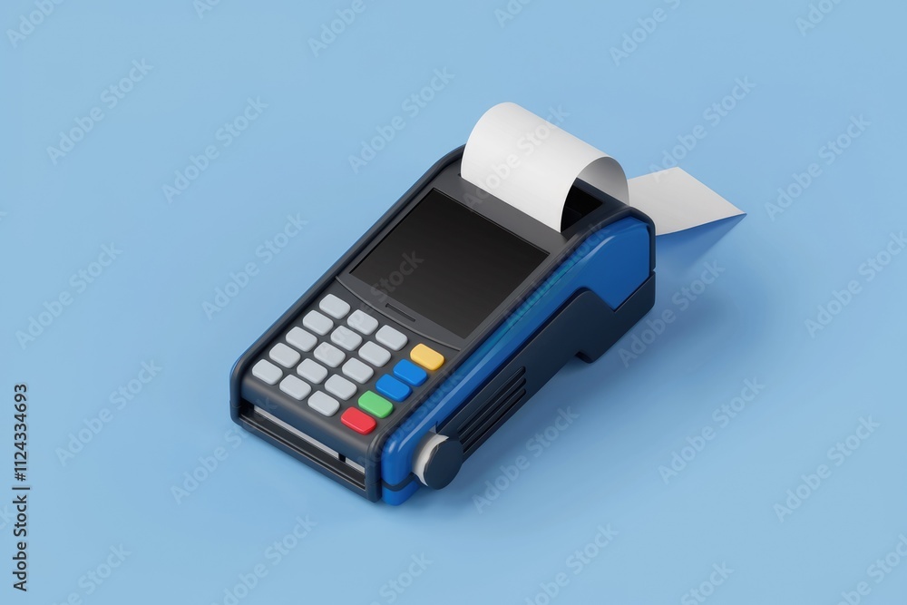 Poster a modern blue and black payment terminal with a receipt printer, ready for transactions.