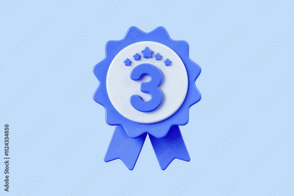 Poster a 3d rendered blue award badge with five stars and a number three, signifying third place or a three