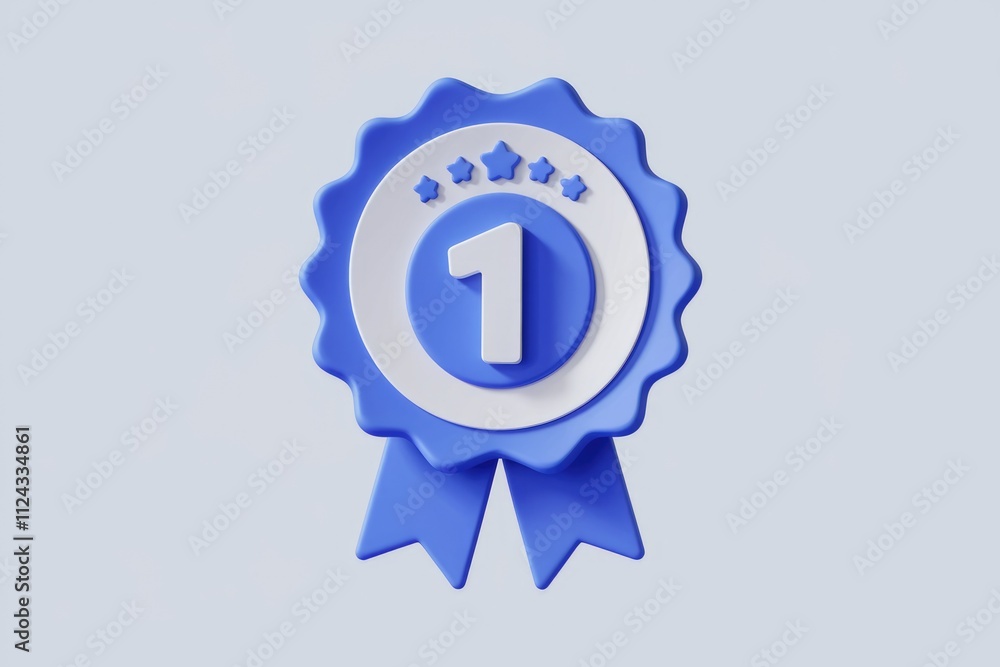 Poster a 3d rendered blue award badge with a number one and five stars signifying first place.