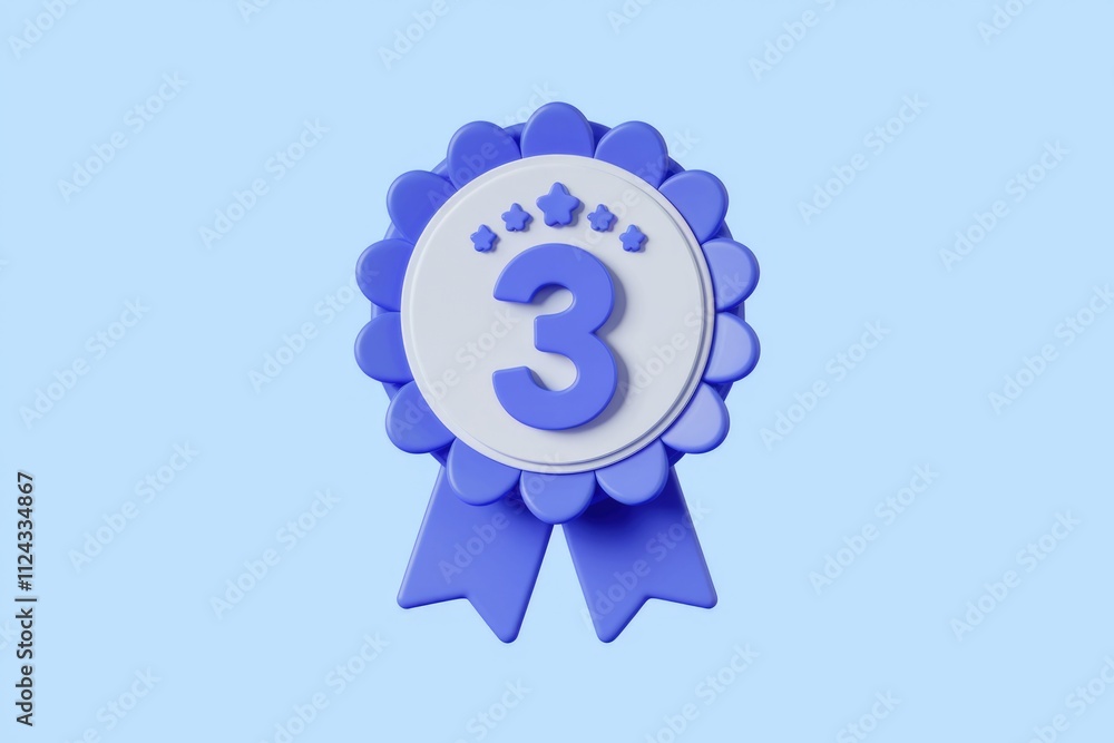 Poster a 3d render of a blue rosette award with five stars and the number three, signifying third place.