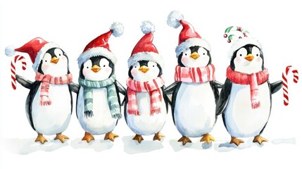 Fototapeta premium A cheerful group of festive penguins wearing Santa hats and scarves, celebrating the holiday season with candy canes.