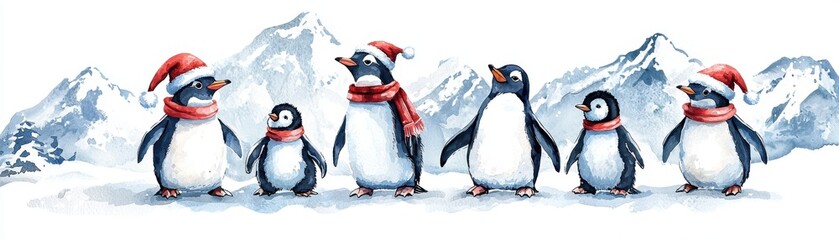 Fototapeta premium A festive gathering of cheerful penguins in winter attire, set against a snowy mountainous backdrop.