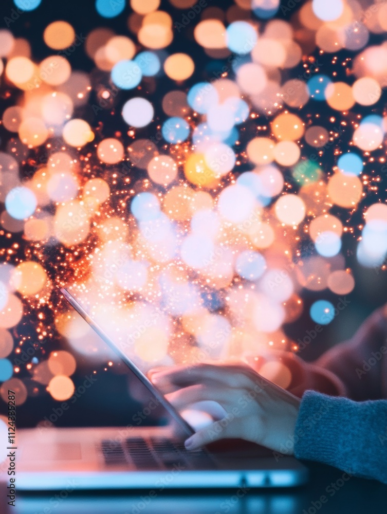 Fototapete Digital Multitasking and Technology Overload Abstract Visual of a Person Engaged with Devices Amidst Dynamic Light Streams
