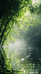 Obraz premium Gentle sunlight kisses bamboo frames over still water.