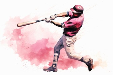 watercolor pink and gray illustration of a baseball player