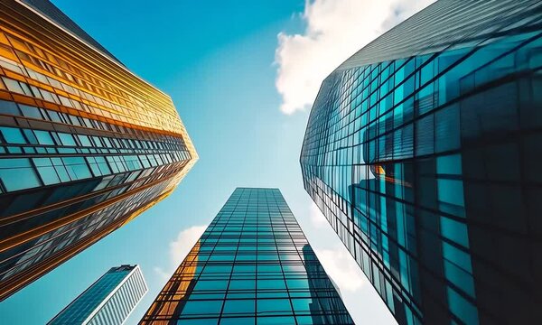Low angle view of three modern skyscrapers against a bright blue sky.
