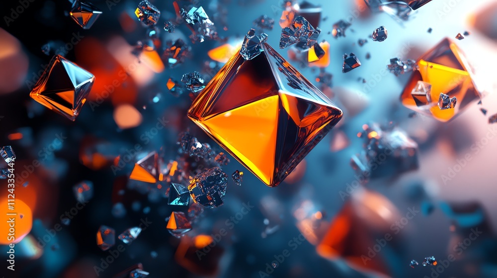 Aufkleber abstract 3d rendering of geometric shapes with a focus on a large, glowing orange pyramid.