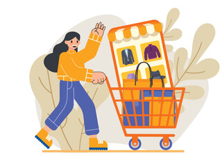 E-Commerce Illustration, Massive Shopping Cart Full of Products, Flat Vector Illustration.