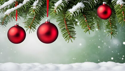 christmas and new year holidays concept. Red balls on fir branches, winter snowy backdrop. festive winter season background. template for design. banner, copy space. 