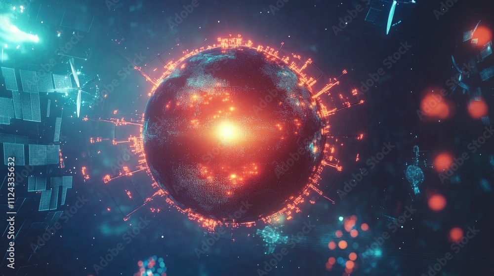Poster digital globe surrounded by futuristic data structures and energetic light sources, depicting a sci-