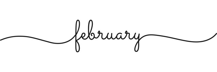 Calligraphic february text in ballpoint pen style isolated on white background. Rounded february sign in script text with small caps text . Vector Illustration.
