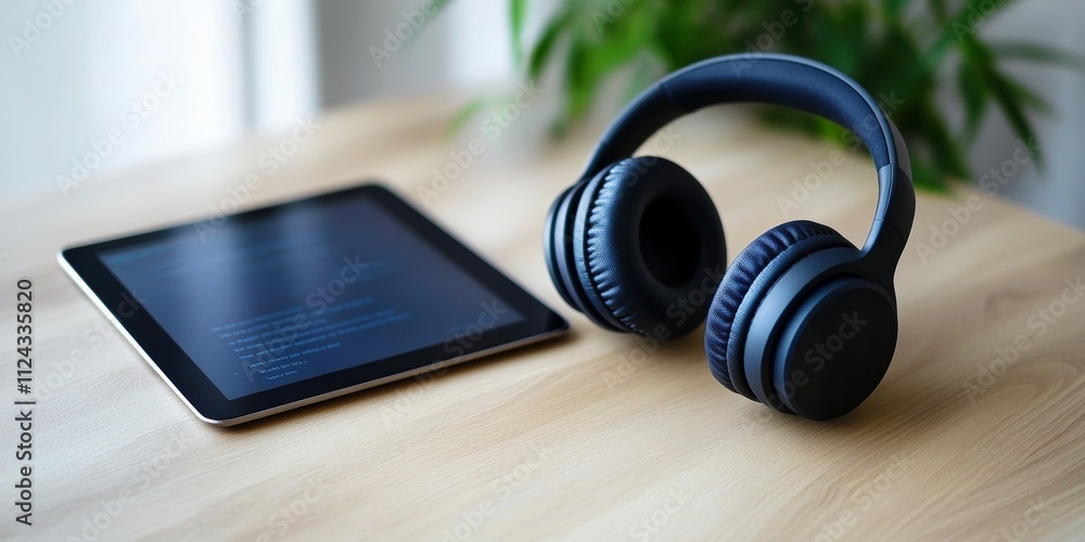 Poster modern e-learning wireless headphones and tablet in minimalist setting