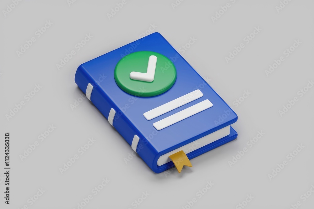 Poster A 3D rendered blue book with a green checkmark signifying completion or verification.