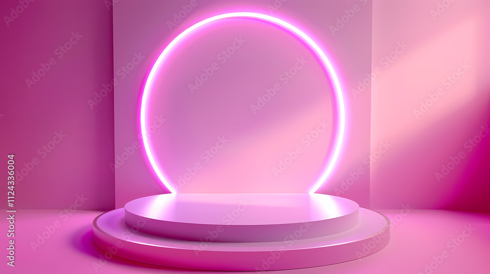 Poster pink neon product display: a minimal yet striking product display featuring a circular neon light in