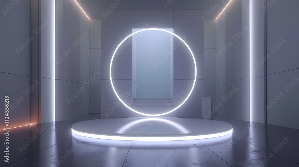 Poster neon circle stage: an empty stage with a circular neon light illuminating a minimalist, futuristic s