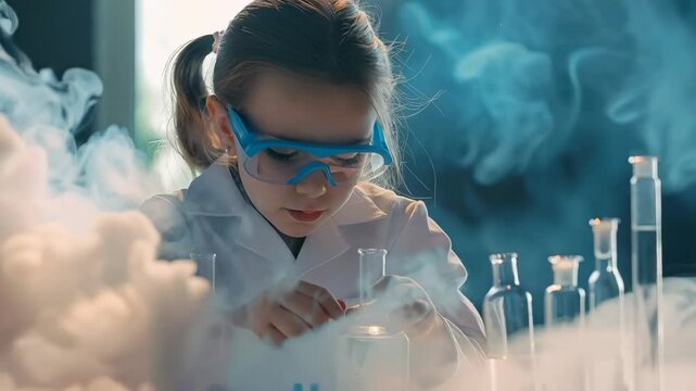 little girl scientist doing experiments with liquids and smoke in modern laboratory