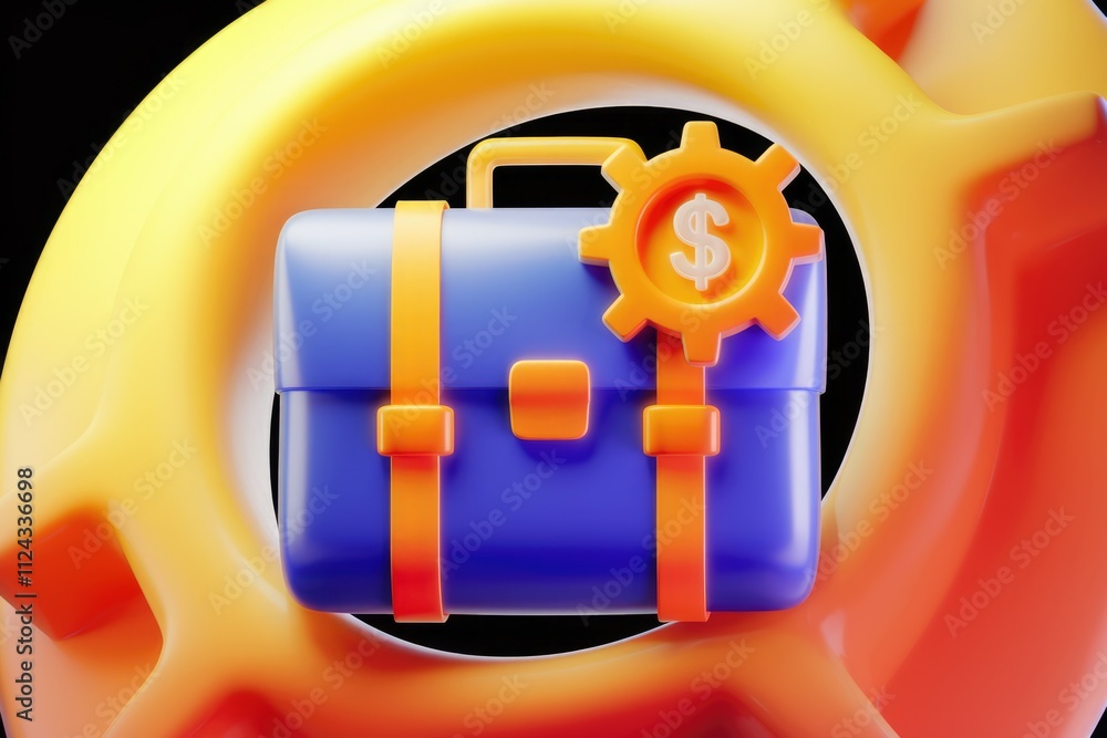 Poster a 3d render of a briefcase with a gear and dollar sign, symbolizing financial management and busines