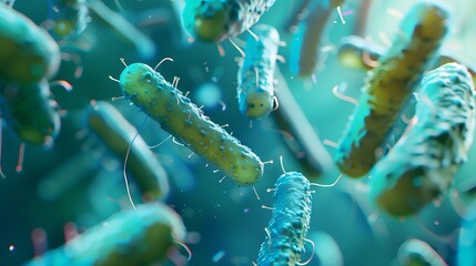 Fototapeta premium Microscopic view of probiotics bacteria for digestive health, featuring Escherichia coli and other microorganisms for biology, medicine, and healthcare treatments