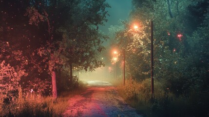 Enchanting Autumn Forest Path Illuminated by Glowing Lanterns
