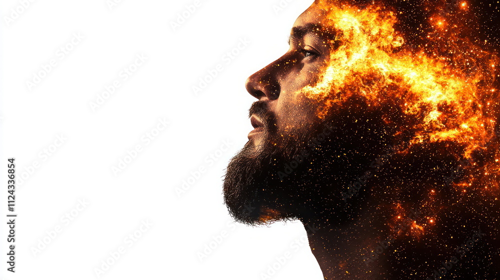 Poster Double Exposure Image of  Cosmic transformation minimalist human profile with galactic elements