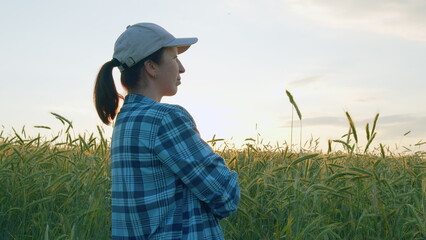 Female Farmer Outdoors In Summer. Woman Agronomist Farmer Stands And Checks Harvest In Wheat Field. Happy Female Farmer. Concept Of Agriculture. Gimbal shot. © artifex.orlova