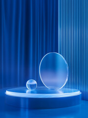 Abstract glass composition with blue lighting, featuring a disk and sphere on a circular platform for displays or backgrounds.
