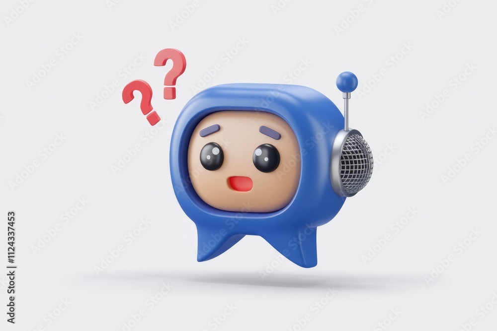Poster A cute 3D robot character with a confused expression, surrounded by question marks.