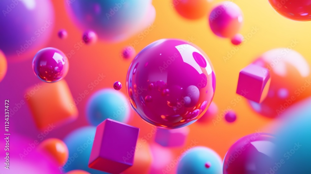 Poster abstract colorful background with shiny spheres floating against a dark backdrop.