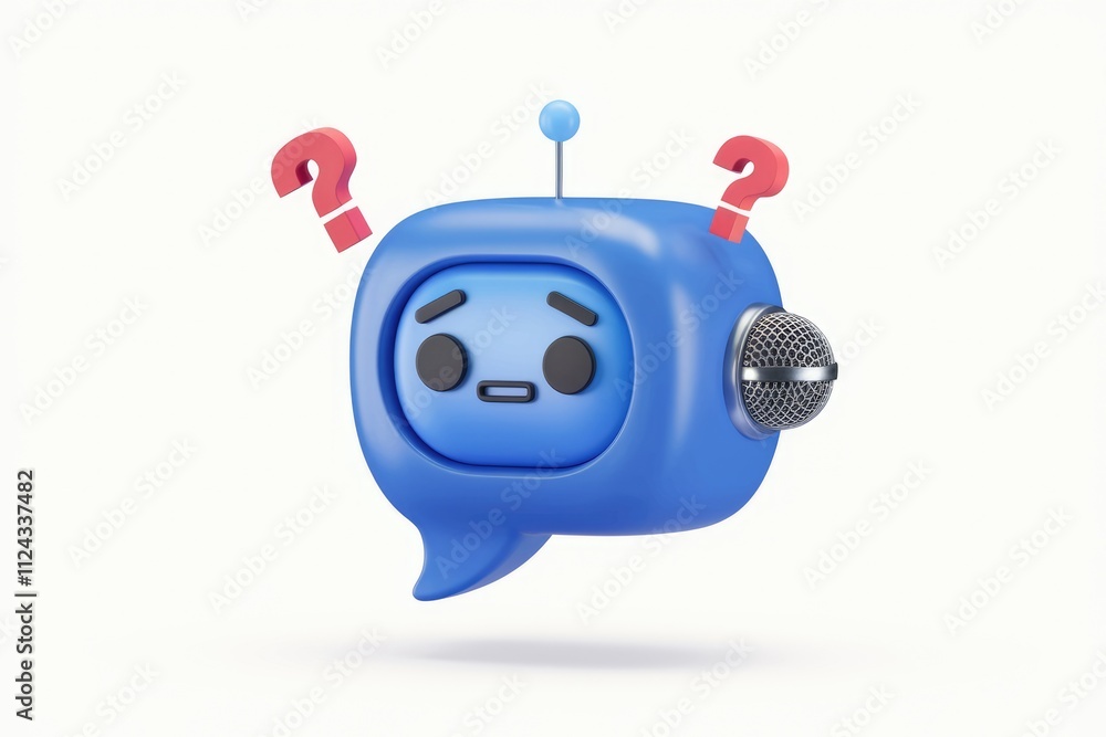 Poster A confused blue robot with a microphone and question marks above it.
