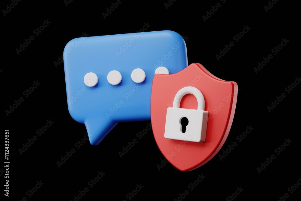 Poster Secure messaging concept with a chat bubble and a padlock inside a shield.