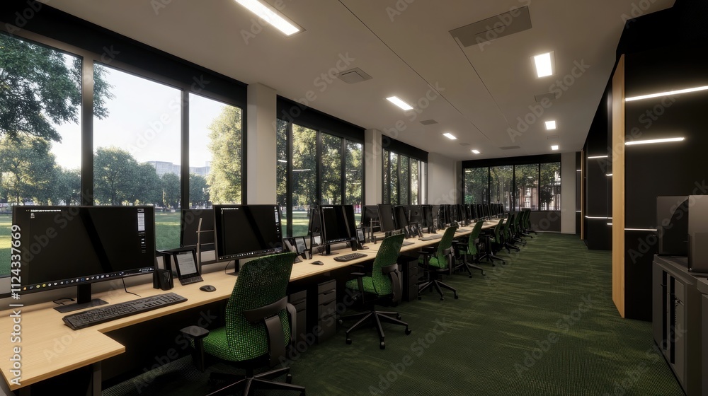 Poster modern computer lab with green chairs and large windows overlooking a park.