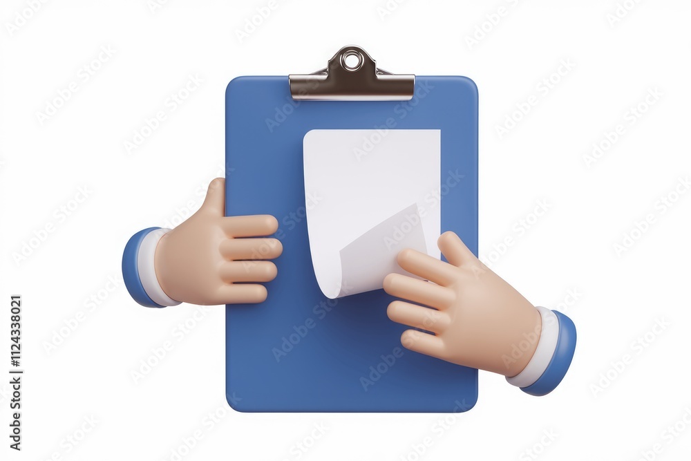 Poster 3d cartoon hands holding a blue clipboard with a blank sheet of paper, ready for notes or informatio