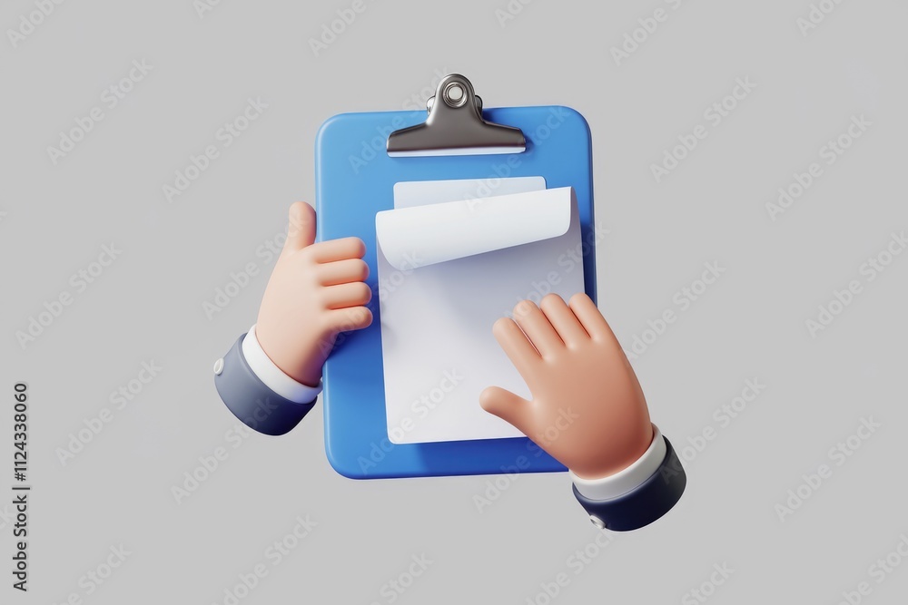 Aufkleber cartoon hands hold a blue clipboard with a blank sheet of paper, ready for notes or tasks.