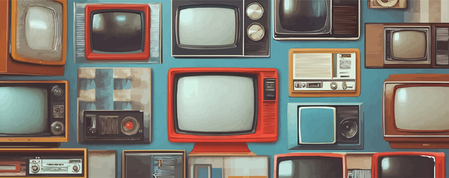 Classic TV moments. Iconic television scenes, vintage TV sets, and nostalgic sitcom elements capturing the retro entertainment spirit cover 80s 60s 90s